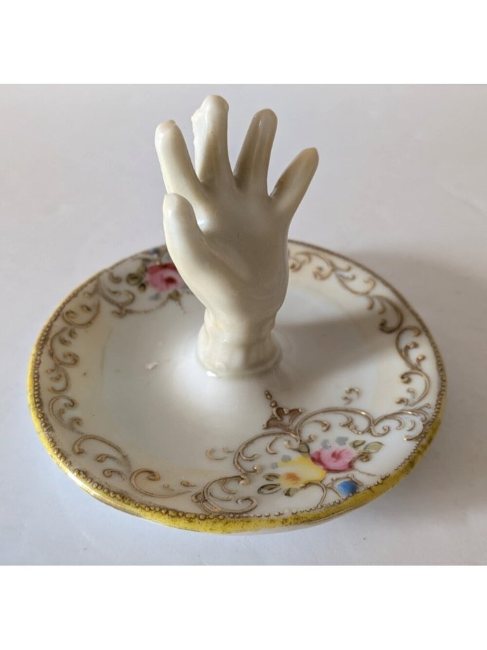 Vintage Nippon Ring Holder Trinket Dish Porcelain Hand Painted Floral Gold Rim